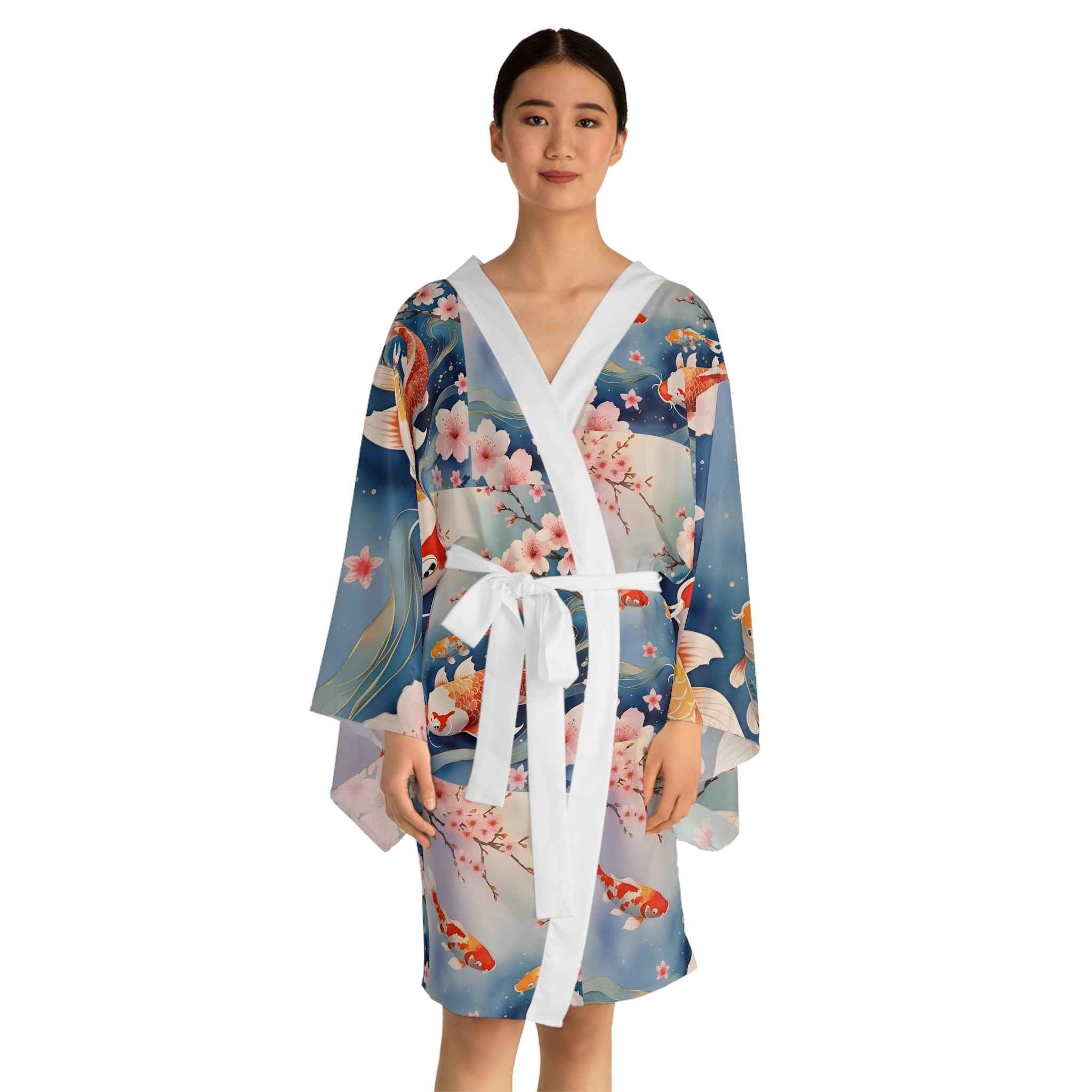 Koi Fish Kimono Robe - Floral Long Sleeve Japanese-Inspired Lounge Wear for Relaxation and Home Spa, Perfect Gift for Her - Rosetta Creative Boutique